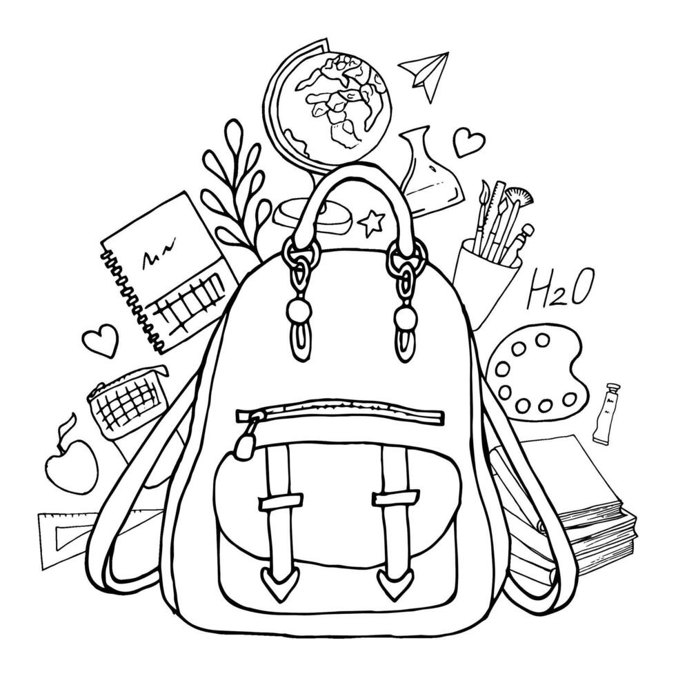 Back to school line drawing. Hand drawn black graphics. Composition of school items in doodle style backpack and school supplies. For design of projects, coloring books, educational materials vector