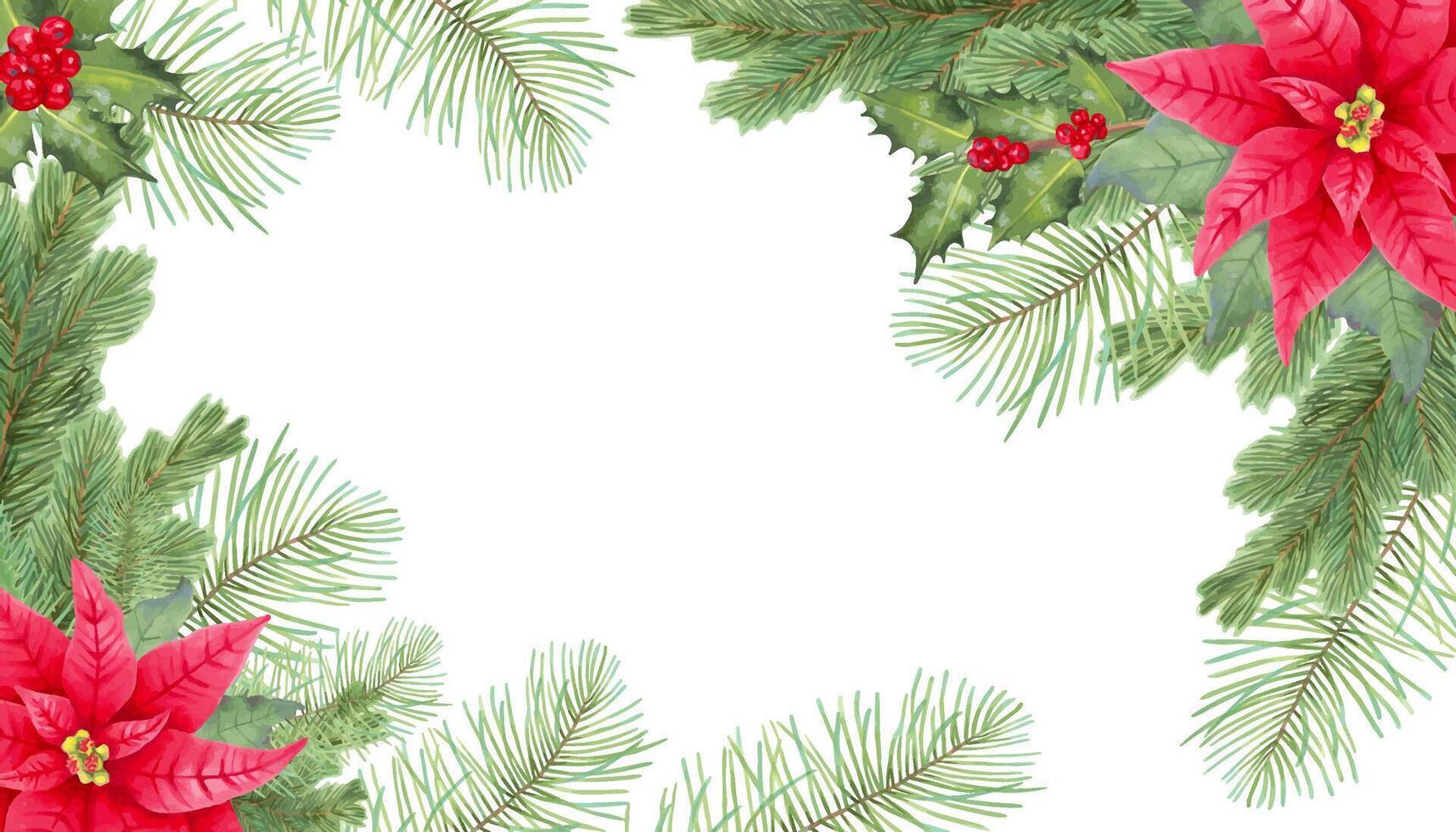 festive border with poinsettias and pine vector