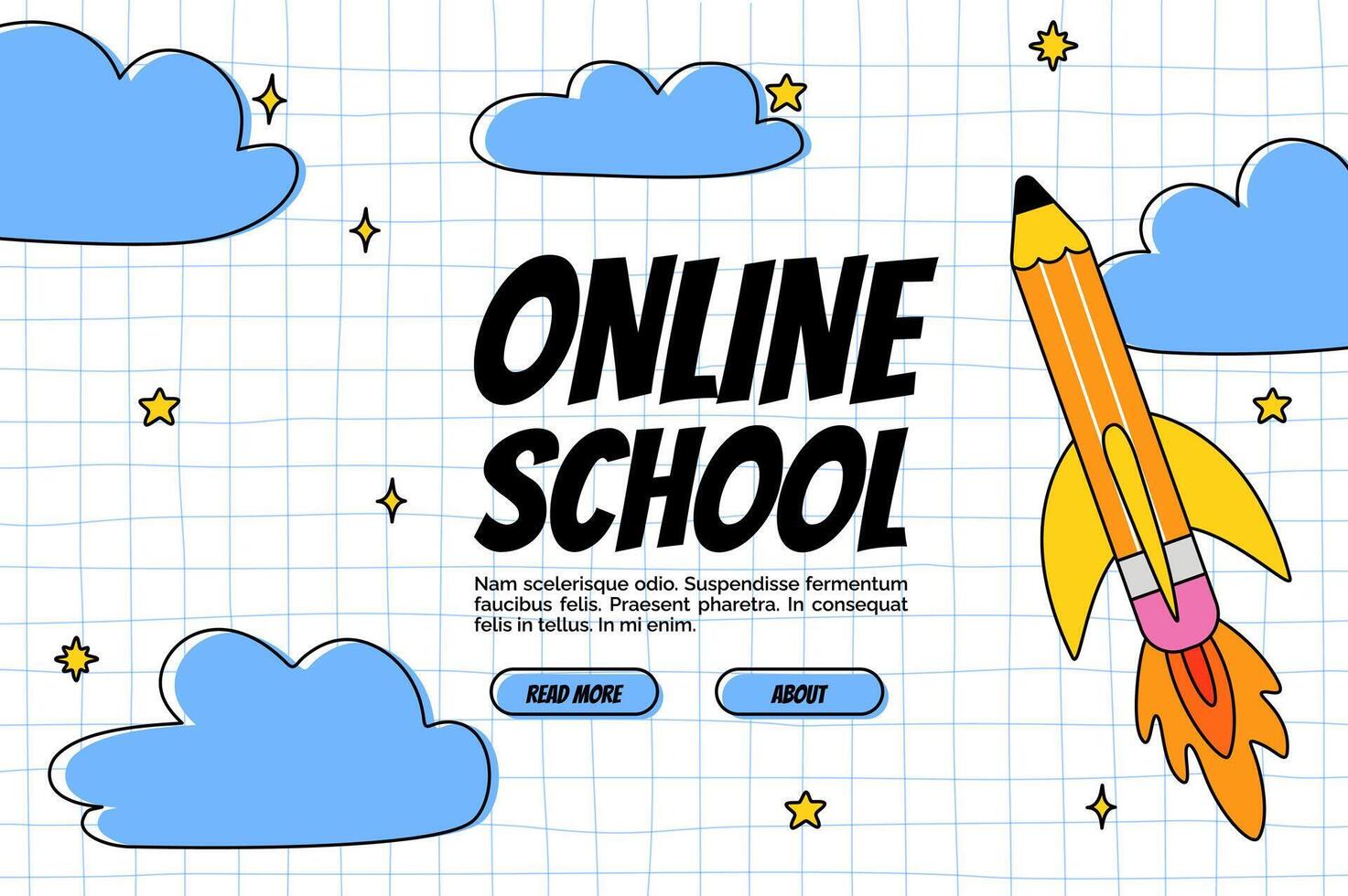 Online school banner with a pencil rocket and a grid background vector