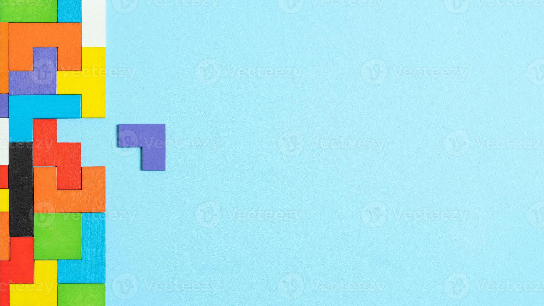 geometric shape block with colorful wood puzzle piece background. logical thinking, business logic, Conundrum, decision, solutions, rational, mission, success, goals, strategy concepts photo