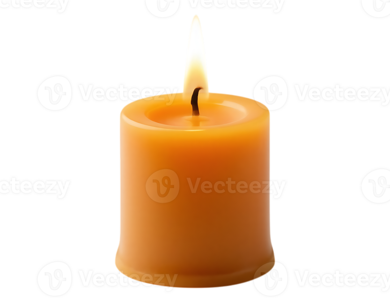 A close-up of a lit orange pillar candle with a flame on a transparent background png