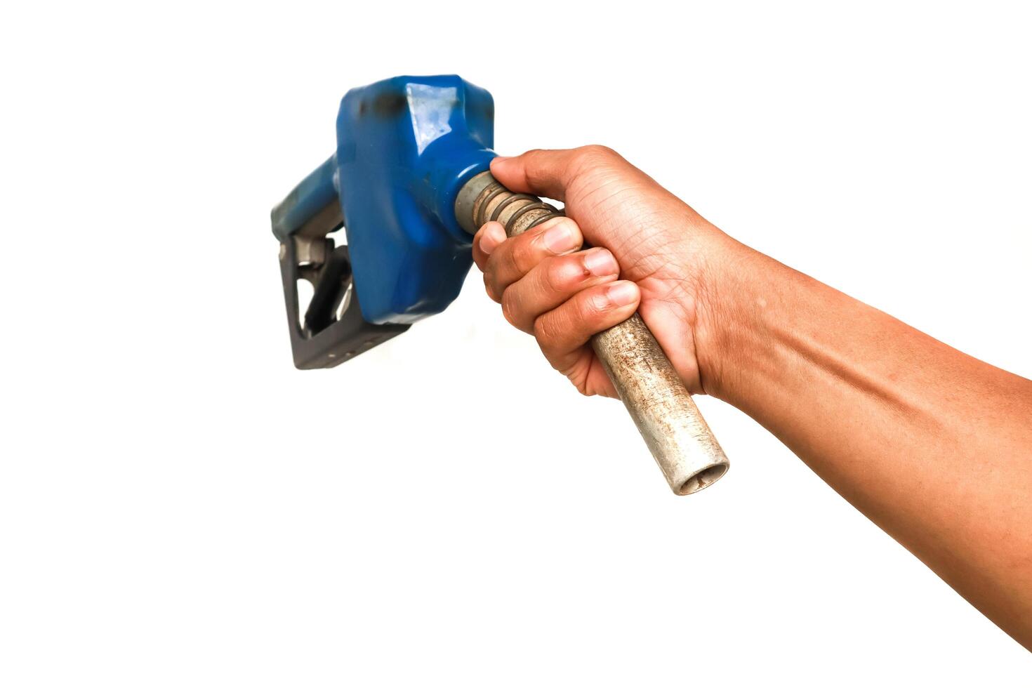 Close-up of a hand holding a fuel pump nozzle, isolated on white background with copy space for text, gasoline fuel concept photo