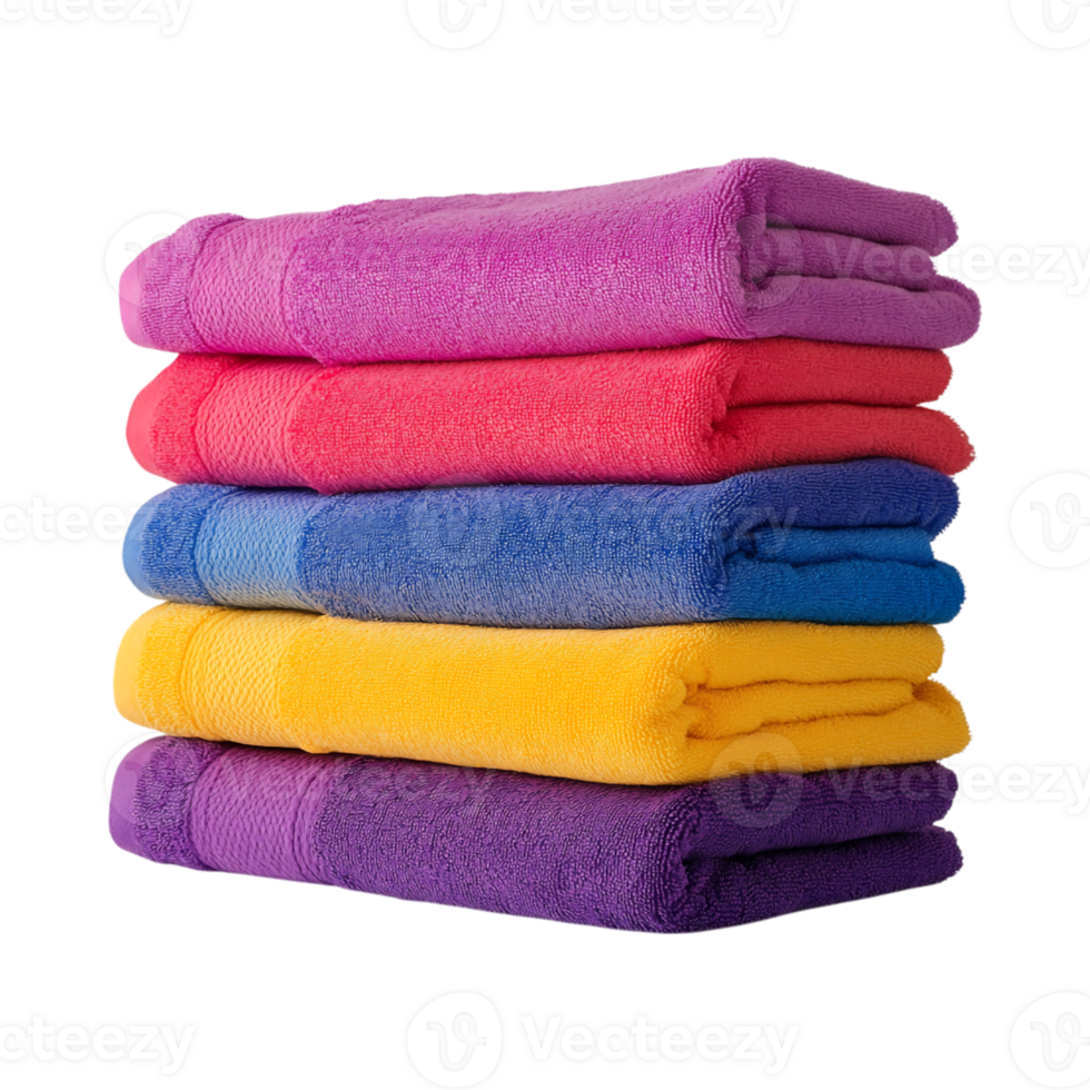 A neatly stacked pile of colorful beach towels isolated on transparent background, cut out png