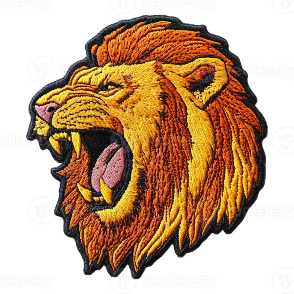 roaring lion head embroidery patch isolated on transparent background, cut out png