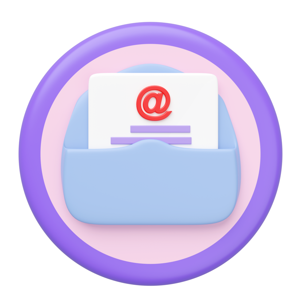3D envelope with at symbol, circle button isolated. notify newsletter, online social network, incoming email concept, minimal design, cartoon style, 3d render illustration png