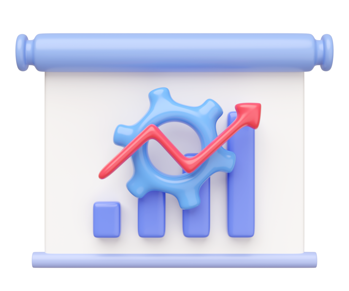 3d presentation board icon with gear, graph, data isolated. cartoon style. business finance analysis, 3d render illustration png