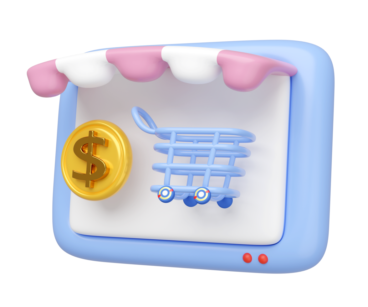 3D computer monitor store front with dollar coin, shopping cart isolated. Ideal for online shopping, represents e commerce and online retail. cartoon style, minimal design, 3d render png