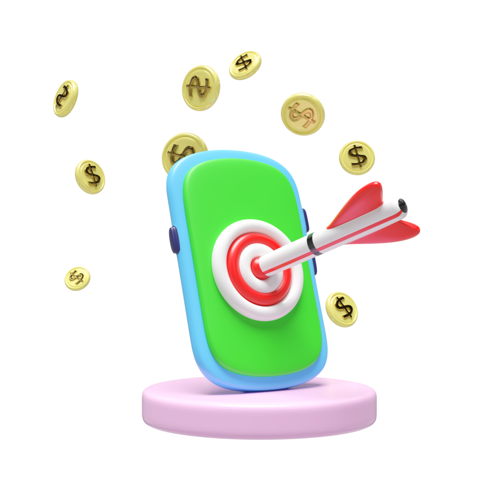 3d smartphone with target, dart, podium icon isolated. business accuracy target, Investment ,finance, success concept, 3d render illustration, cartoon style png