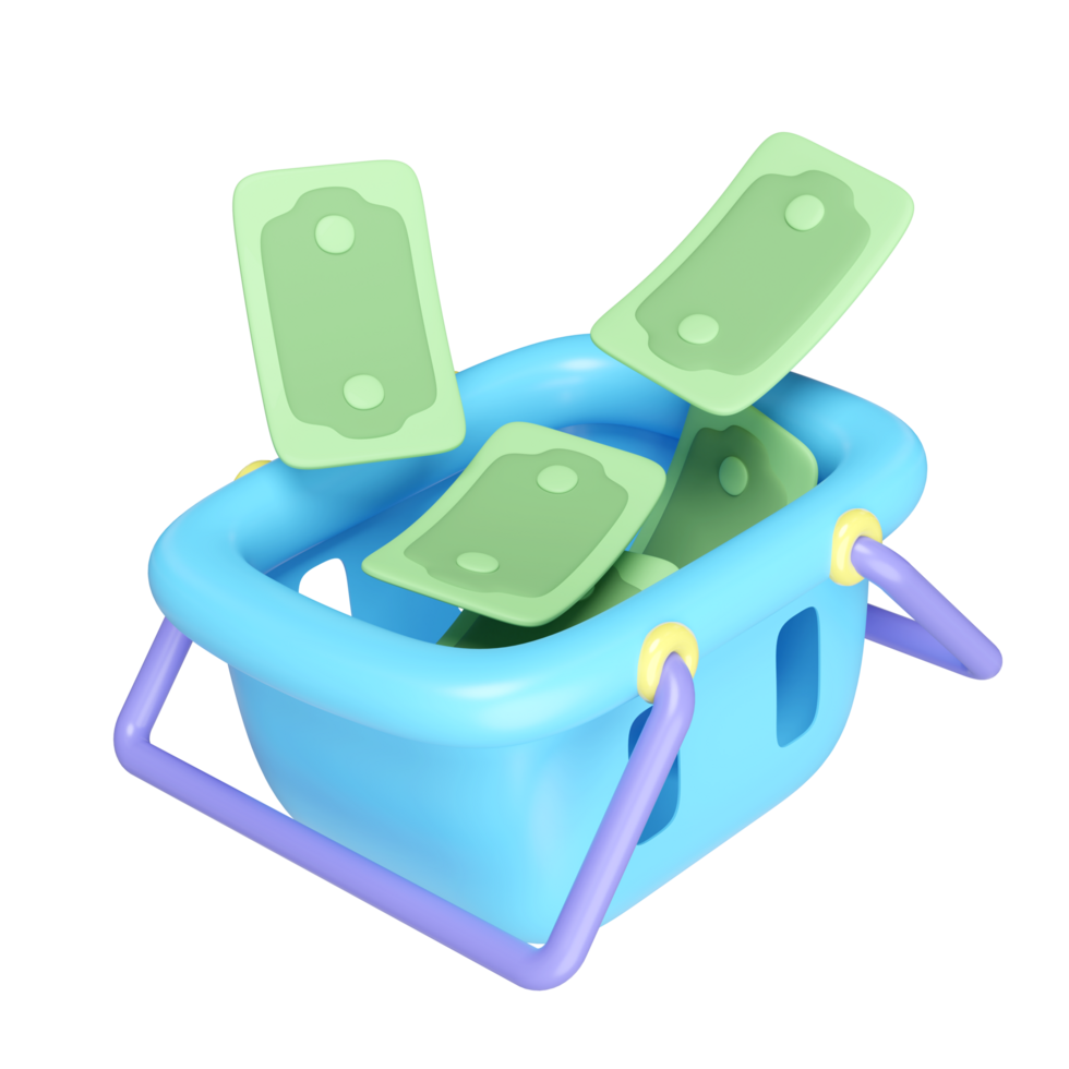3d Banknotes Falling Into Basket isolated. cartoon style. economic movements or business finance concept, 3d render illustration png