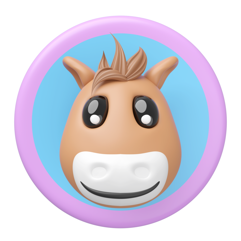 3d cute horse head in the circle label isolated. mascot, icon, character, logo cartoon style, 3d render illustration png
