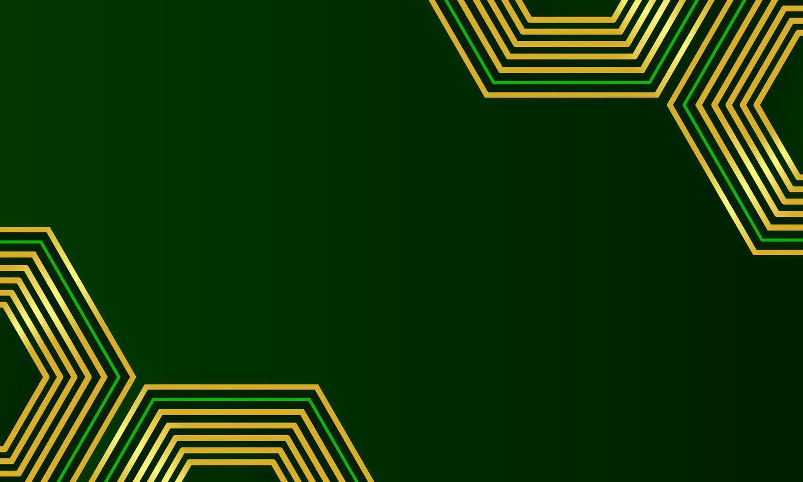 Luxurious green abstract background with golden hexagon ornaments in all corners vector