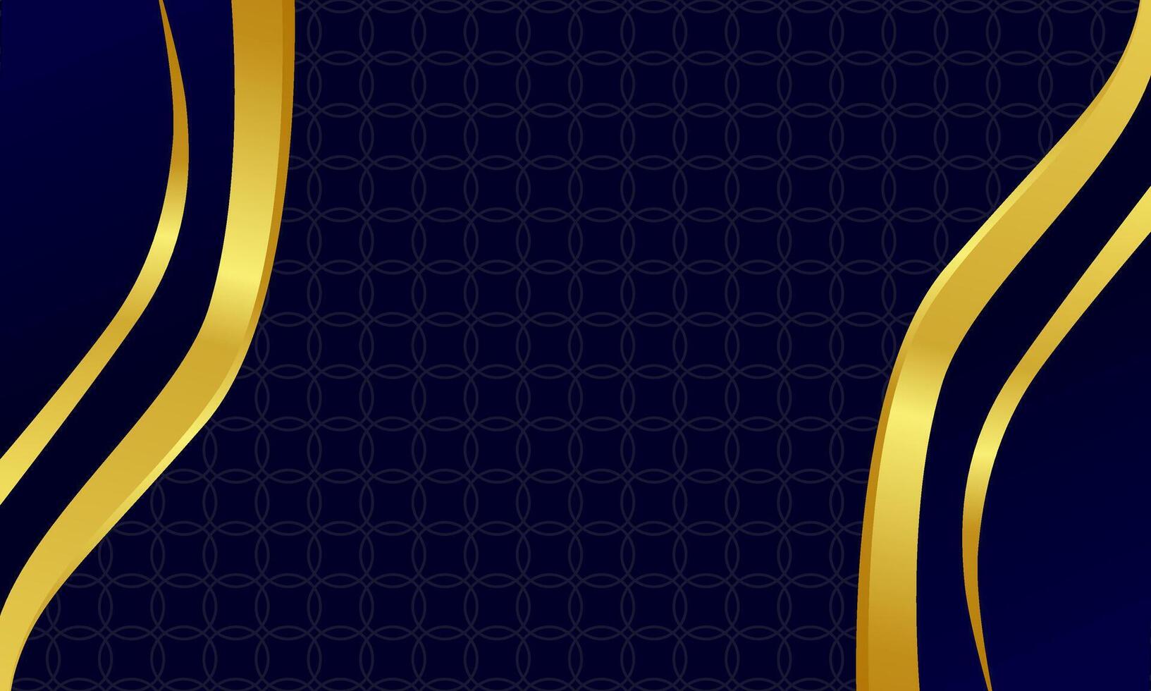 Modern curved golden ribbons framing rich luxury blue background with subtle circular lattice vector