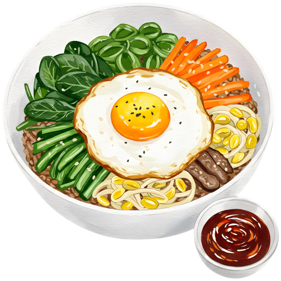 korean delicious bibimbap bowl with egg, vegetables and sauce png