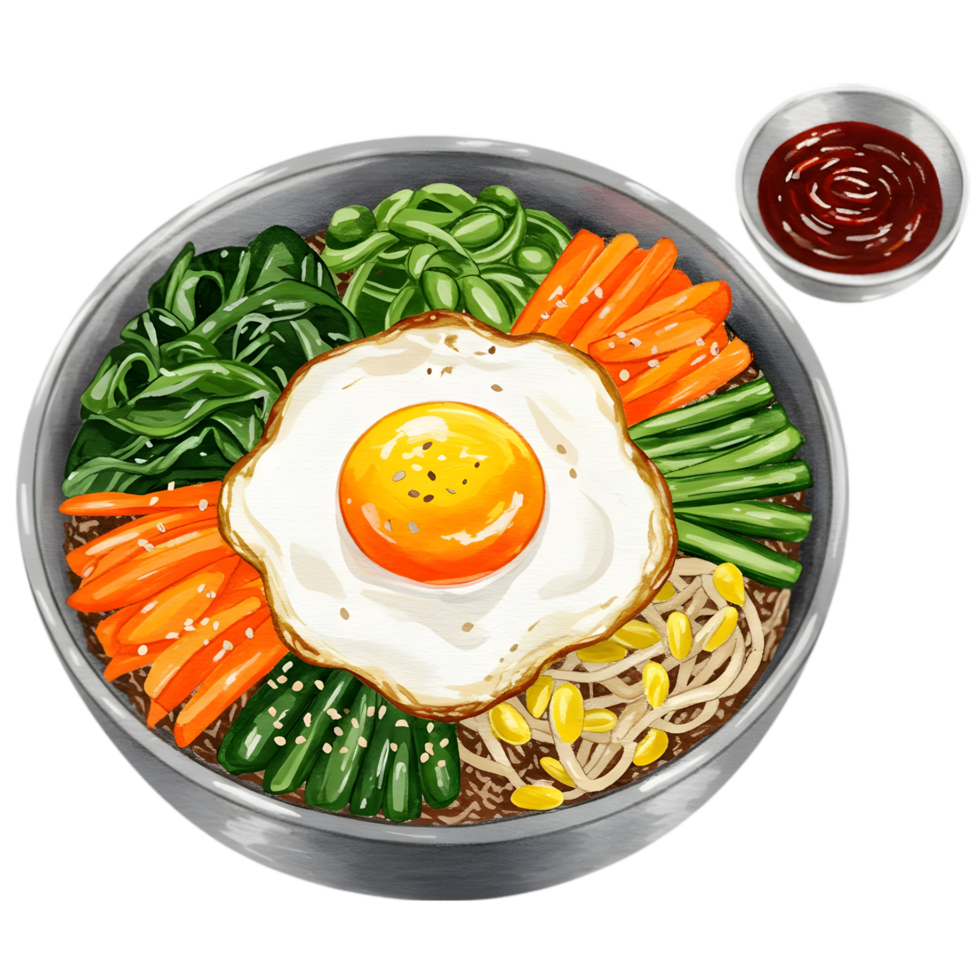 korean bibimbap with fried egg, vegetables and sauce png
