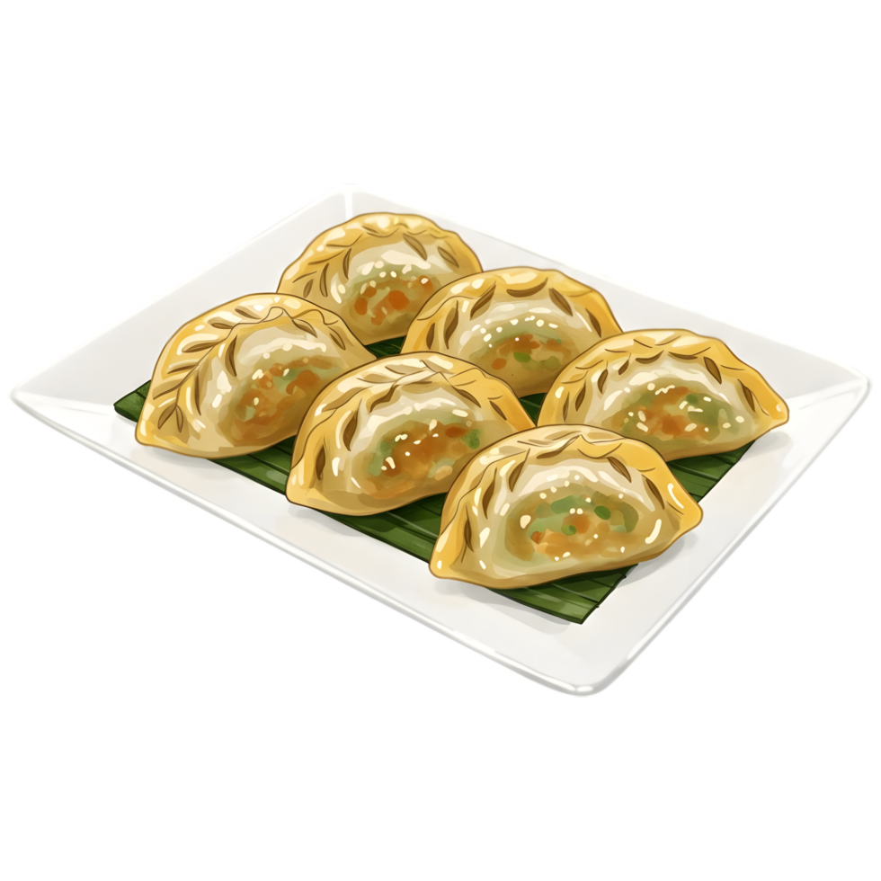 chinese dumplings on a plate with a green leaf png