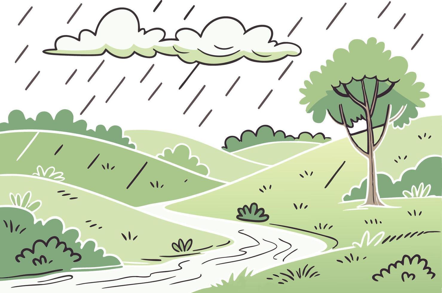 Peaceful Monsoon Artwork with Hills and Wet Reflections vector