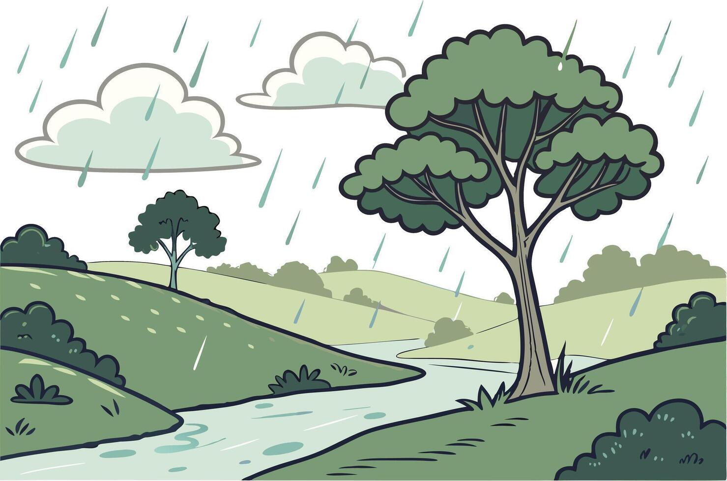 Cartoon Style Monsoon Landscape with Trees River and Clouds vector
