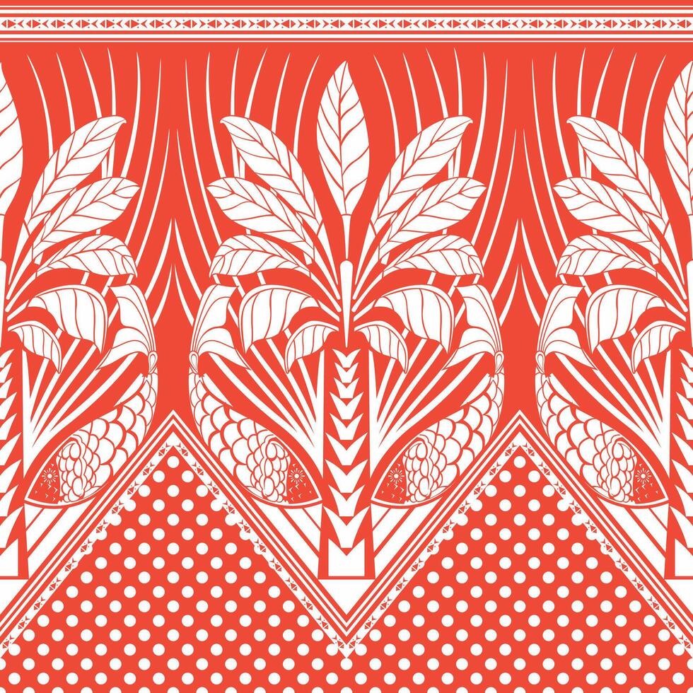 A red and white pattern with a palm tree and leaves vector