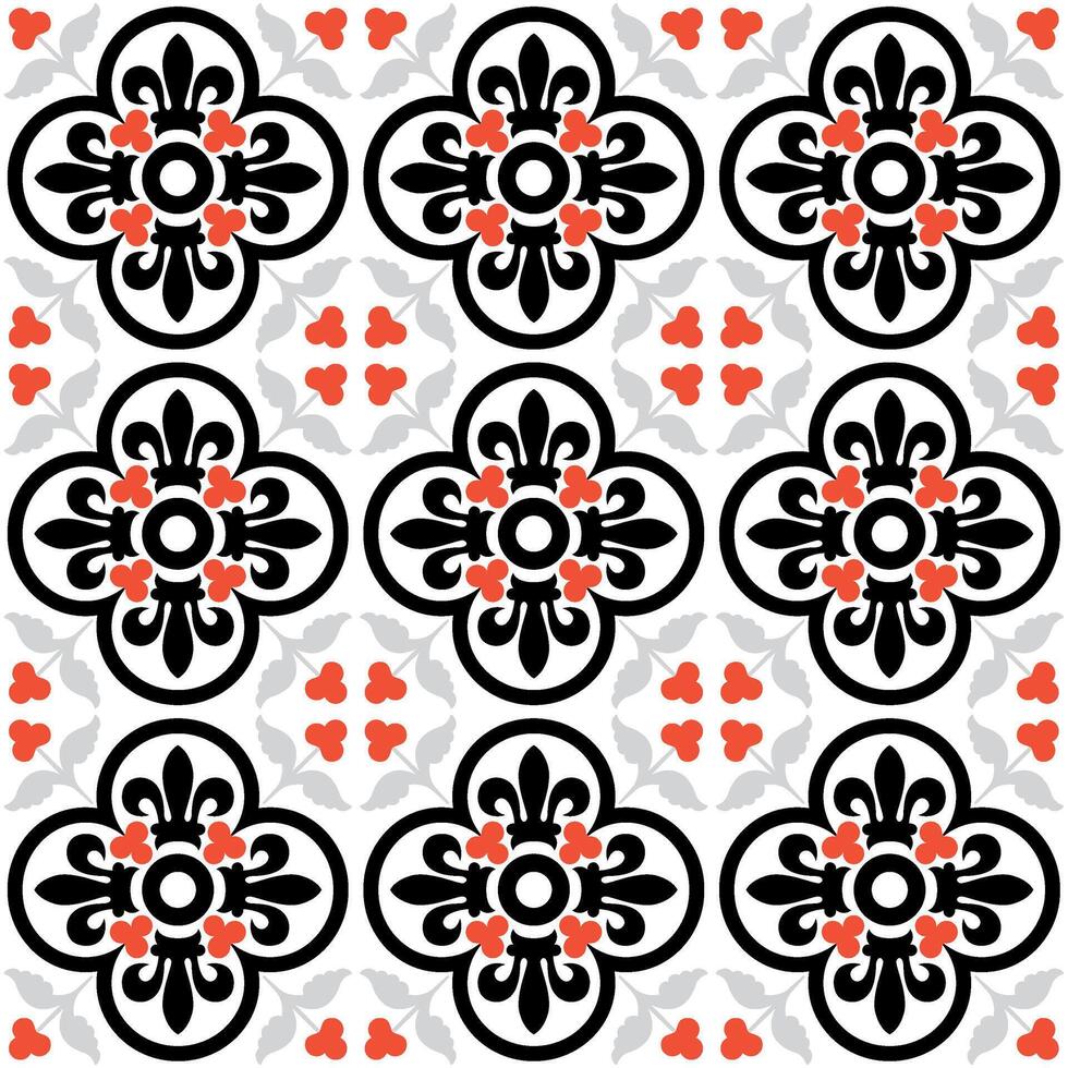A black and white pattern with red flowers vector