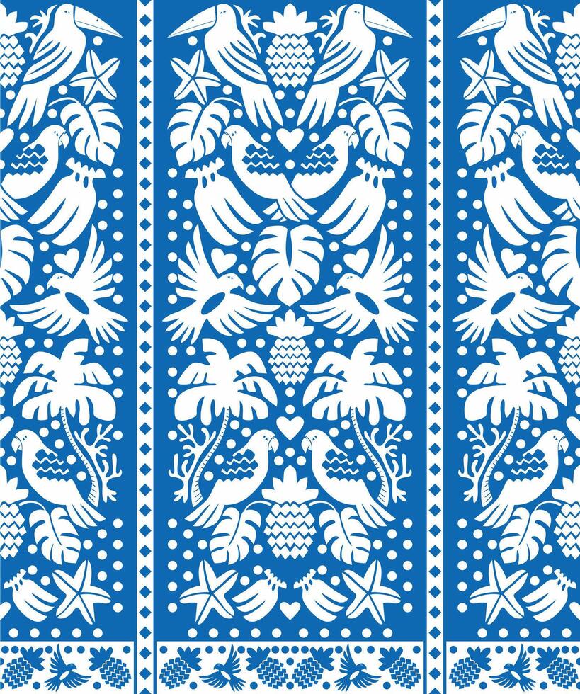 A blue and white pattern with birds and flowers vector