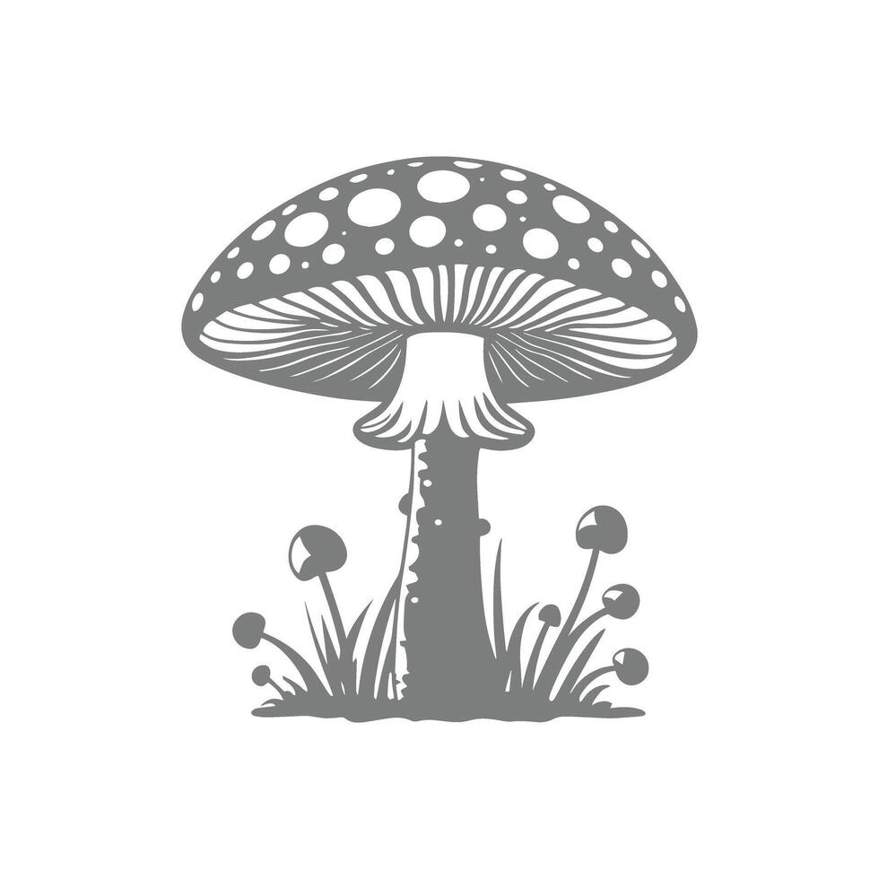 Detailed Illustration of a Grey Mushroom with Spots and Surrounding Flora vector