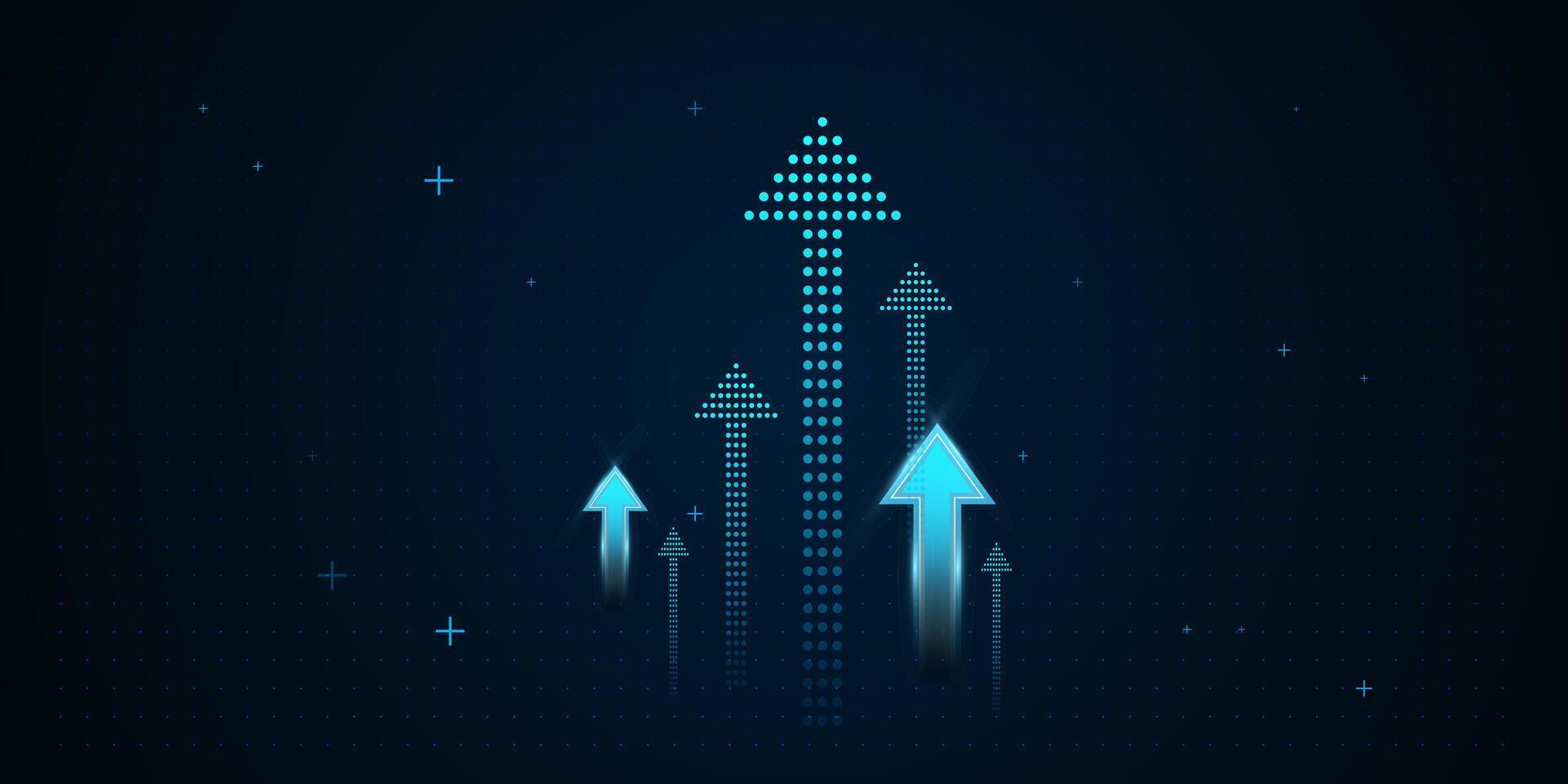 The arrows vary in size and brightness, creating a dynamic effect that conveys upward momentum and digital advancement. The multiple glowing blue dots arrows, illustration vector