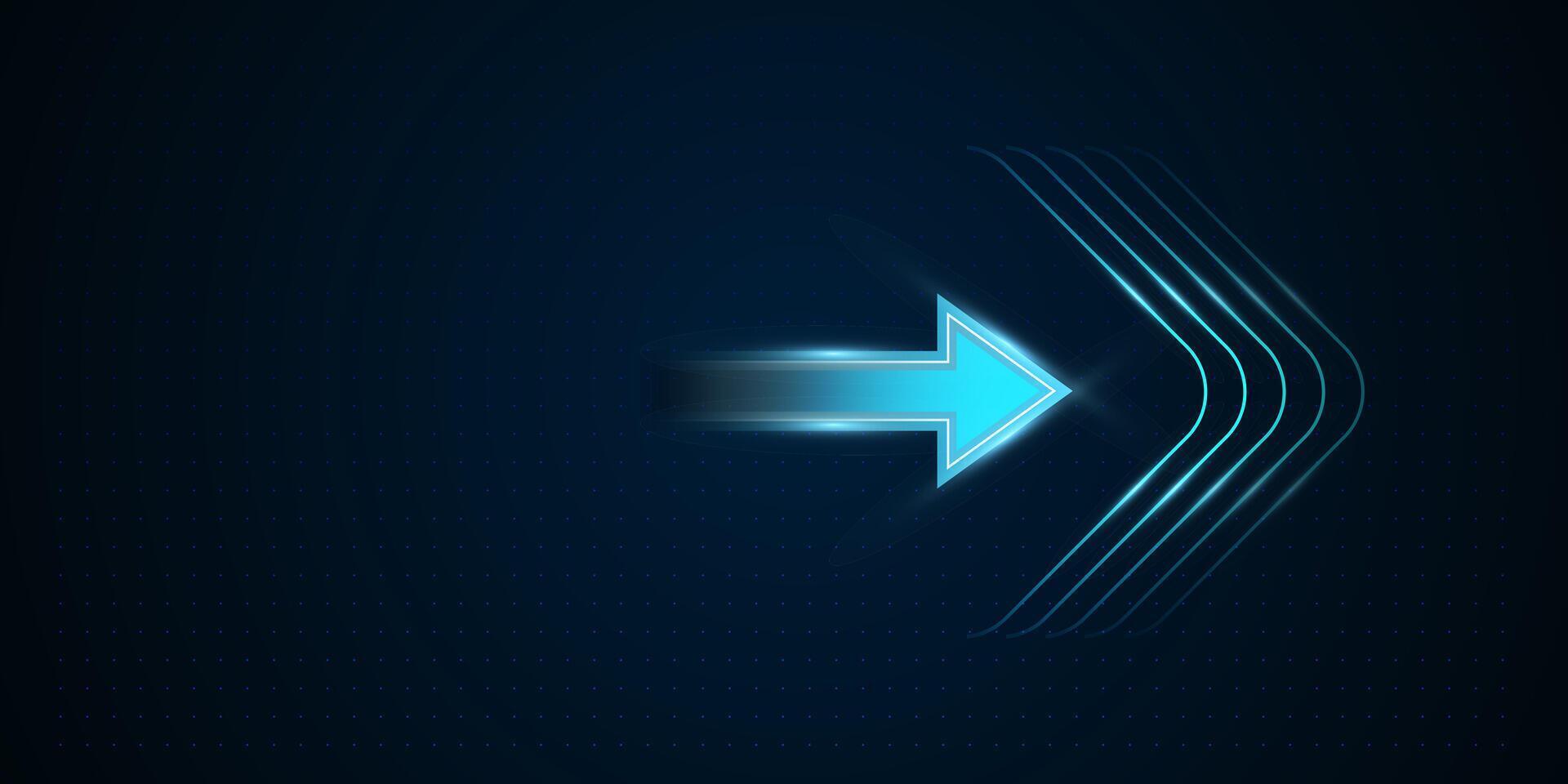 A glowing blue arrow points right, set against a dark, grid-like digital background, evoking speed, progress, and direction. illustration vector