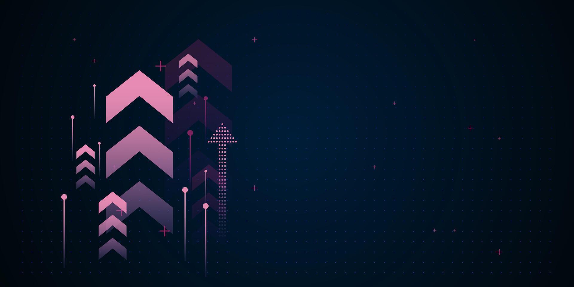 A futuristic digital arrow up on dark background showcases multiple pink arrows pointing upward, symbolizing financial growth advancement illustration vector