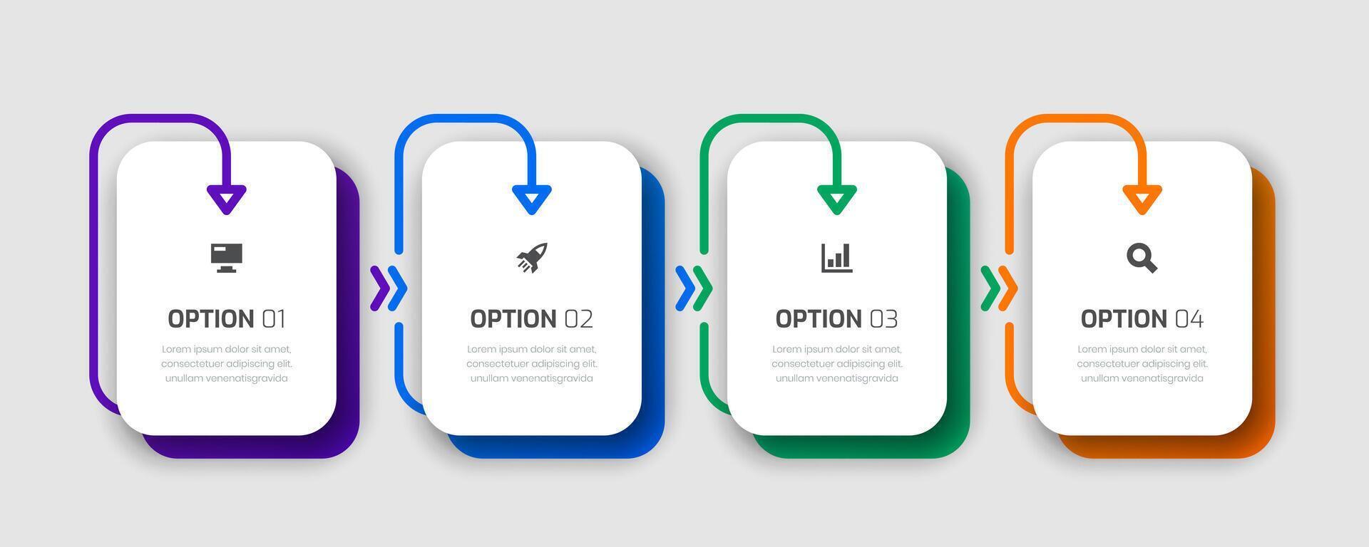 Business Infographic Template with Rounded Label, Arrows, 4 Options and Icon for Presentation vector