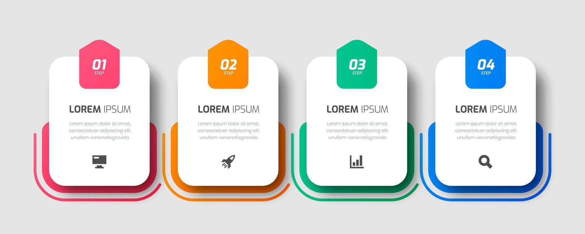 Business Infographic Template Design with Rounded Label, 4 Numbers and Icon for Process Diagram, Presentations, Workflow Layout, Banner, Flow Chart, Infographic vector