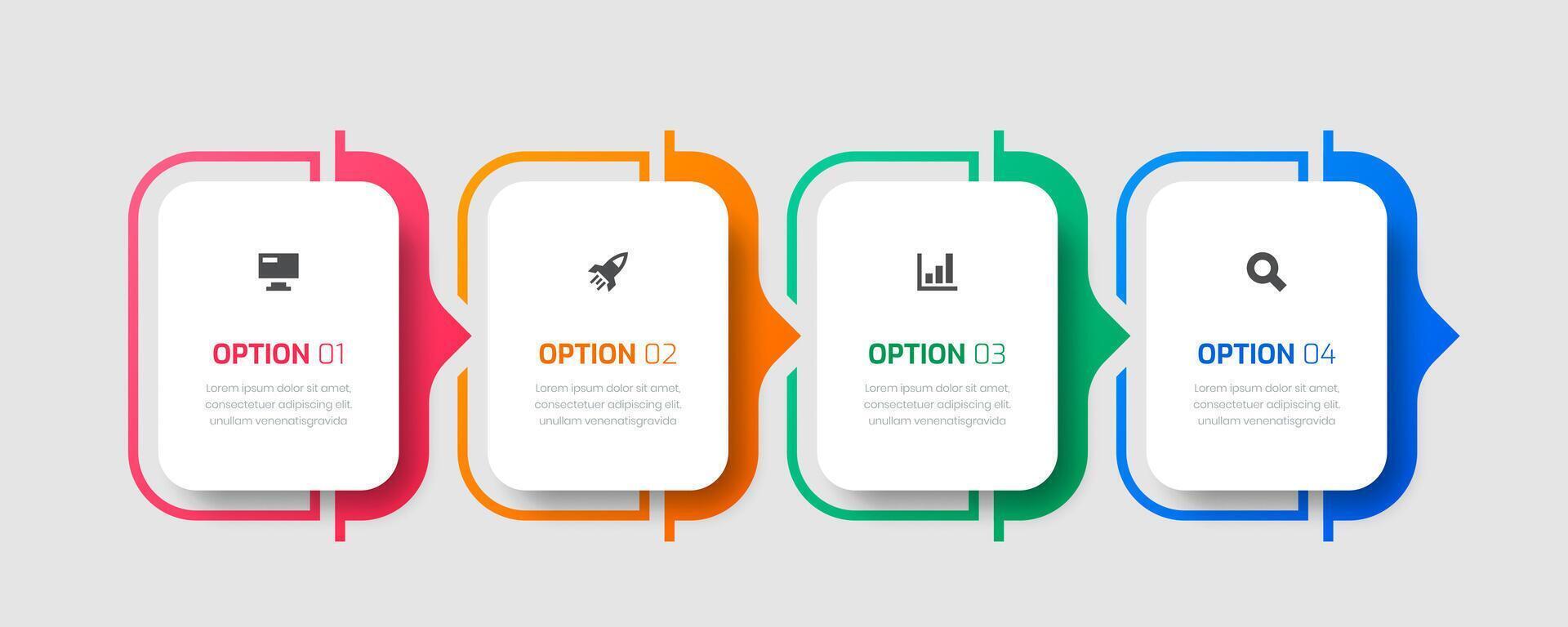 Business Infographic Template with Rounded Label, Thin Line, 4 Options and Icon for Presentation, Flow Chart vector