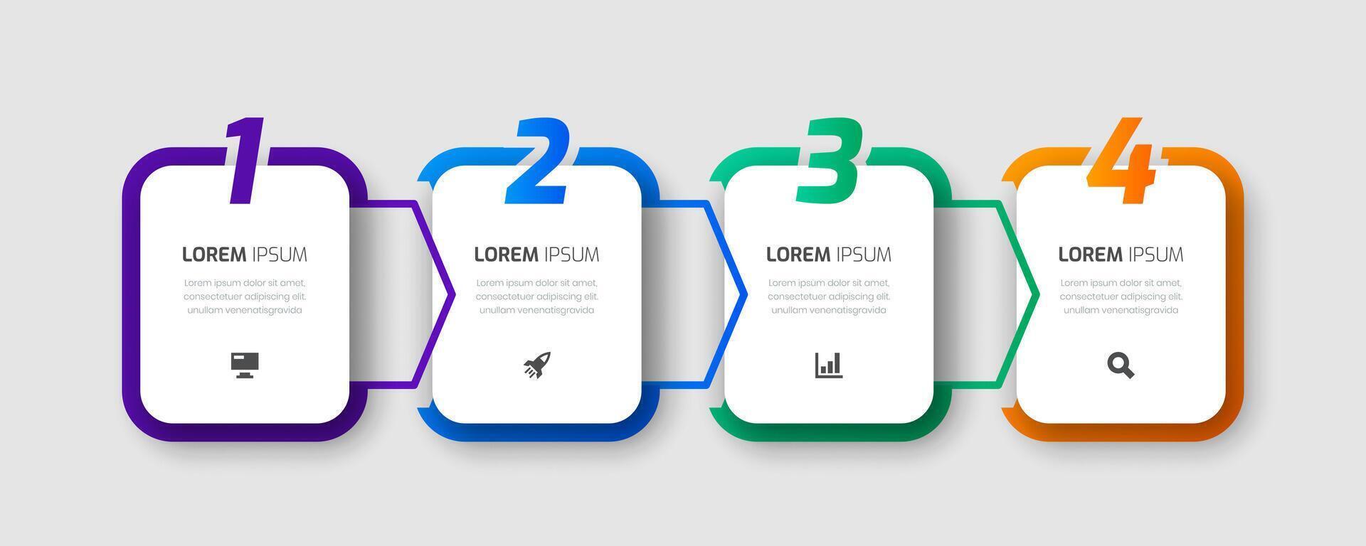 Business Infographic Template with Rounded Label, Arrows, 4 Numbers and Icon for Presentation, Workflow Layout, Banner, Flow Chart, Infographic vector