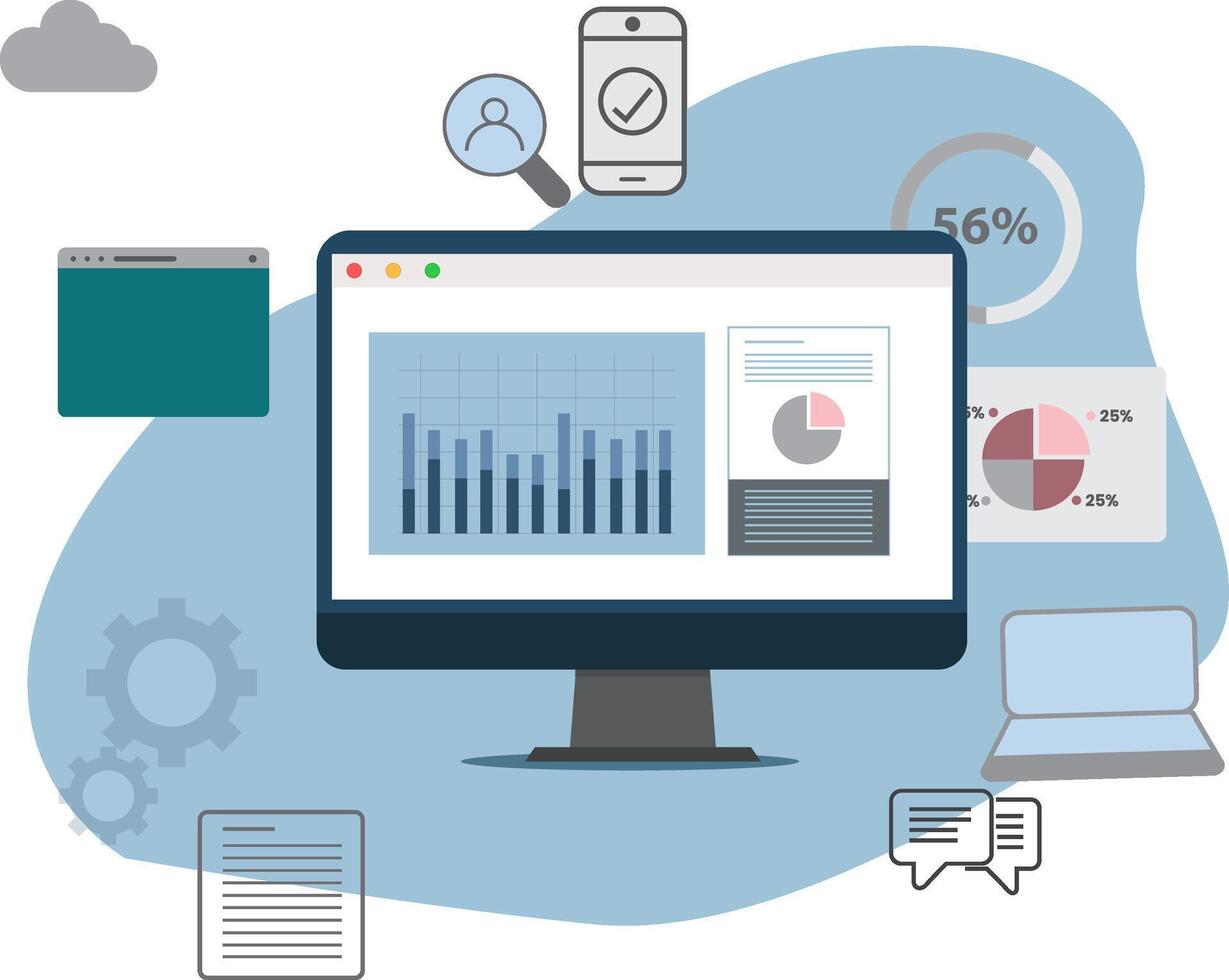 Computer displaying data analytics and charts vector