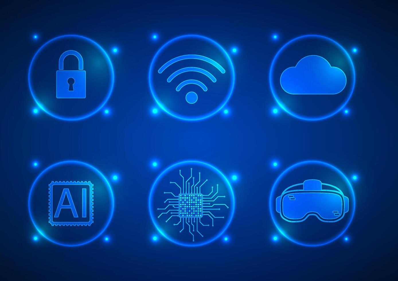 Neon blue tech icons on dark background vector