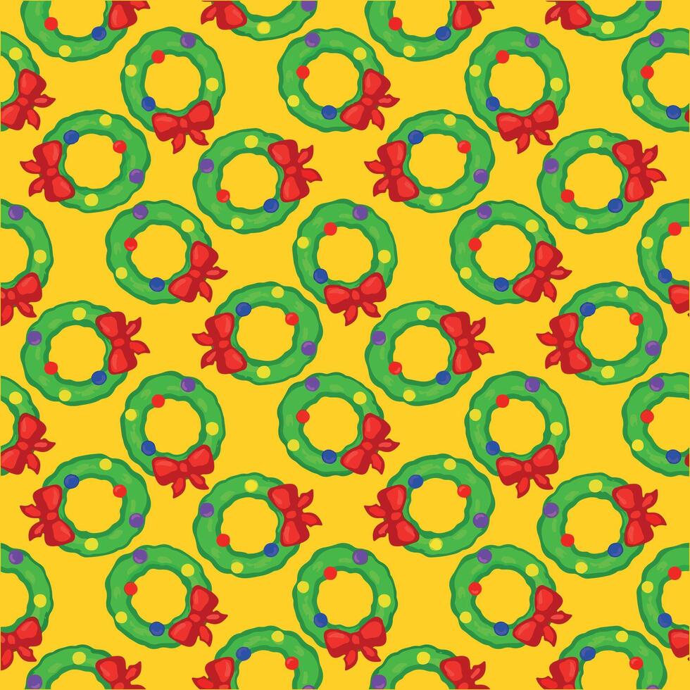 Seamless pattern with Christmas wreaths and bows on yellow background vector