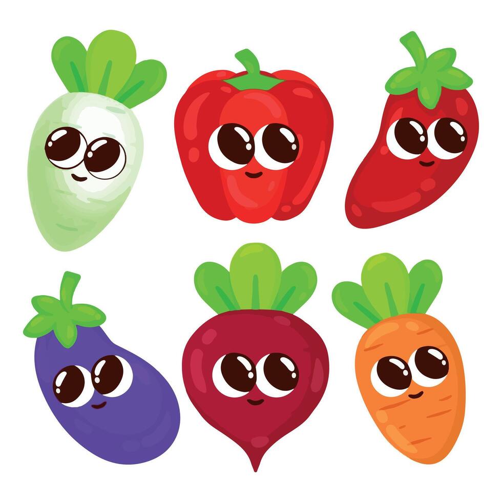 Set of cute kawaii vegetables. illustration in cartoon style vector