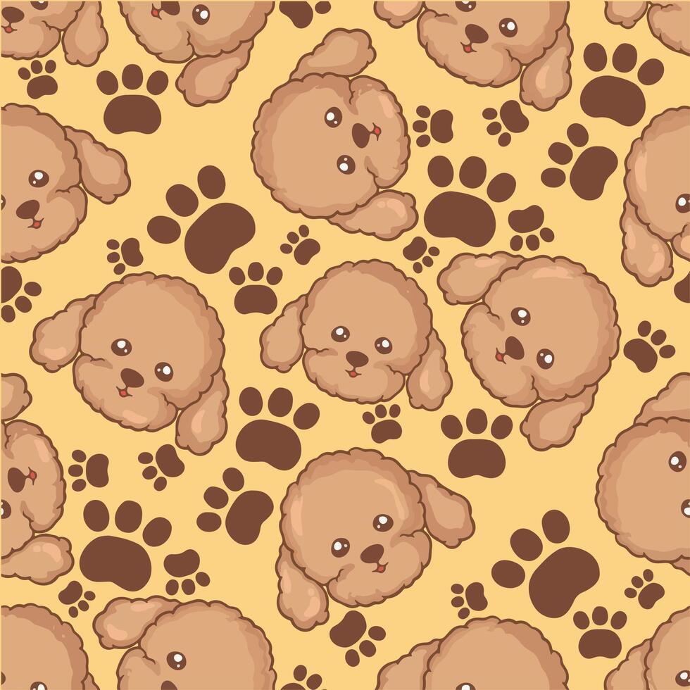 Seamless pattern with cute dog and paw prints on yellow background vector