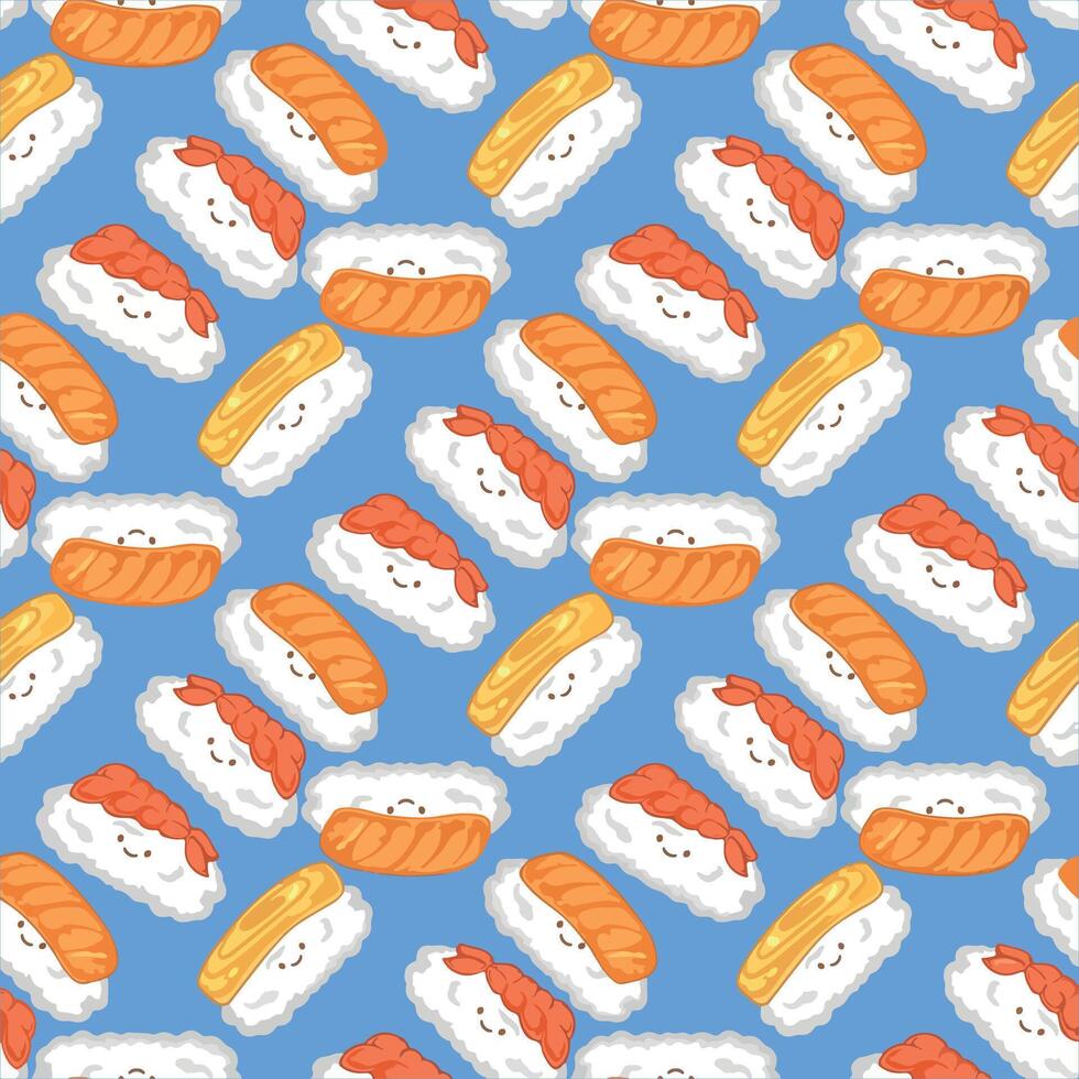 Pattern of cute sushi designs on blue vector