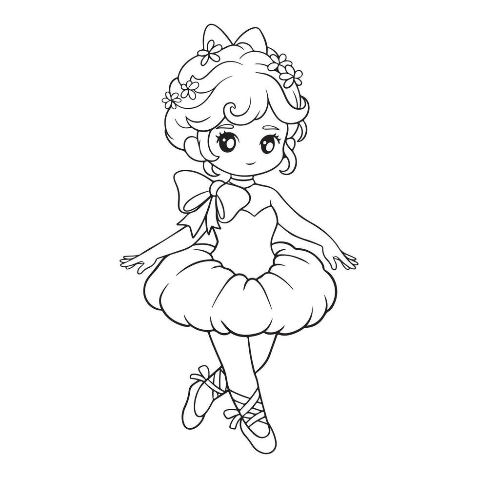 Cute little ballerina in tutu. Black and white illustration for coloring book. vector
