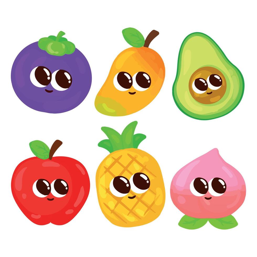 Funny cartoon fruits and vegetables. Avocado, apple, pineapple, pomegranate, kiwi. illustration. vector