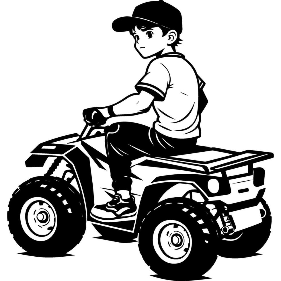 Sketchy sport emblem of Teenage boy confidently controls quad bike rear side view. Engraving minimalistic image in black ink drawing on white background vector