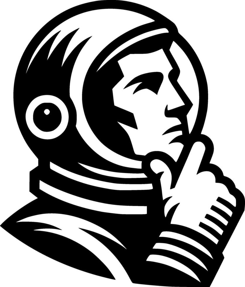 Sketchy cosmic emblem of astronaut in a protective helmet thoughtfully looks up at stars in monochrome. Engraving minimalistic image in black ink drawing on white background vector