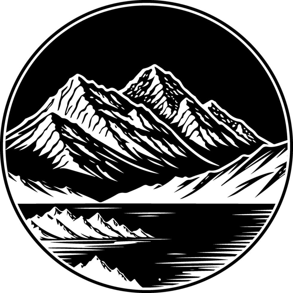 Sketchy travel emblem of night mountain lake illuminated by moonlight in monochrome. Engraving minimalistic image in black ink drawing on white background vector