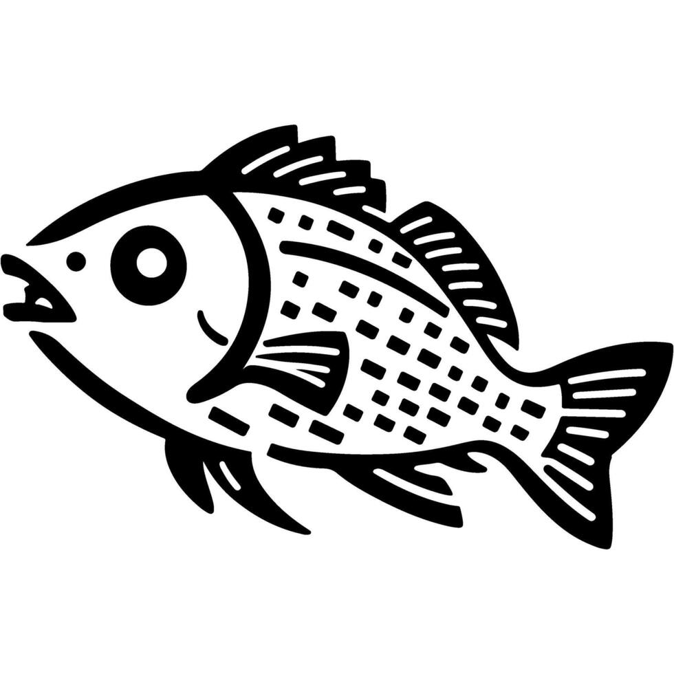 Sketchy emblem of schematic sea river fish image for menu in monochrome. Engraving minimalistic image in black ink drawing on white background vector
