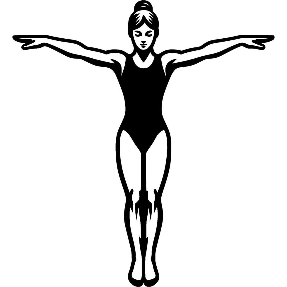 Sport emblem of girl gymnast in initial position before performing exercise in monochrome. Engraving minimalistic image in black ink drawing on white background vector