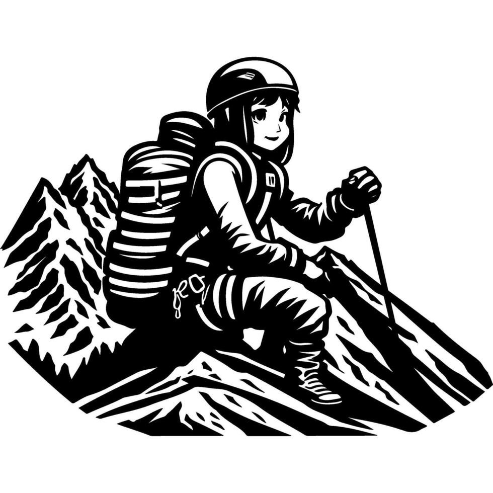 Sketchy sport emblem of girl climber resting at the point of the mountain route in monochrome. Engraving minimalistic image in black ink drawing on white background vector