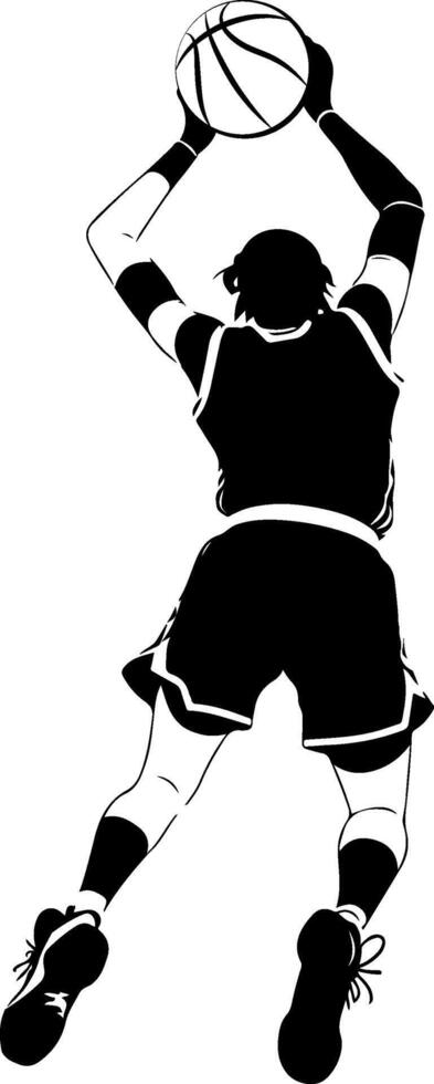 Sketchy sport emblem of basketball player athlete jumping view from below in monochrome. Engraving minimalistic image in black ink drawing on white background vector