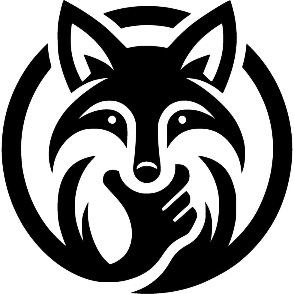 Tattoo of thoughtful fox holds his chin with his paw in monochrome. Engraving minimalistic image in black ink drawing on white background vector