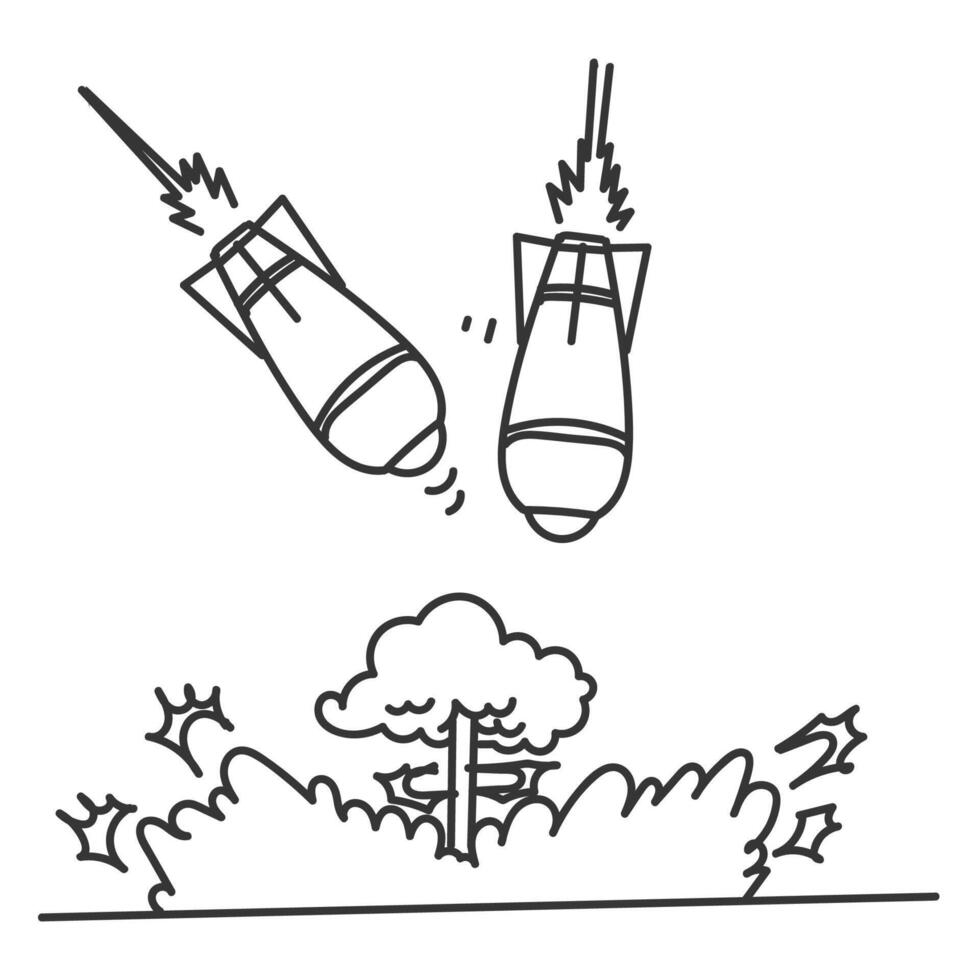 a drawing of two missiles flying over doodle missile and explosion in cartoon style vector