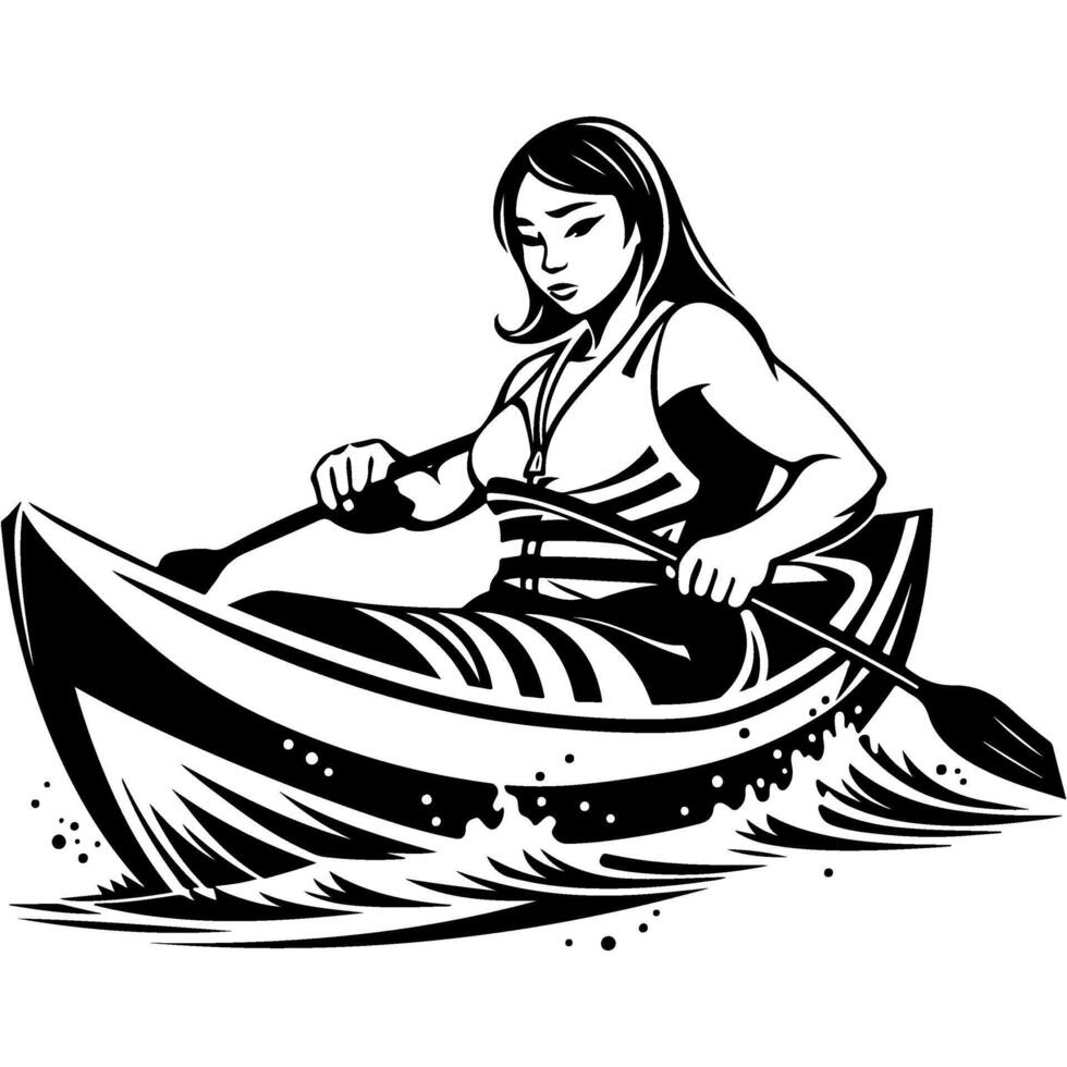 Sketchy engraving emblem of sportswoman girl swims in a kayak along a stormy river in monochrome. Engraving minimalistic image in black ink drawing on white background vector